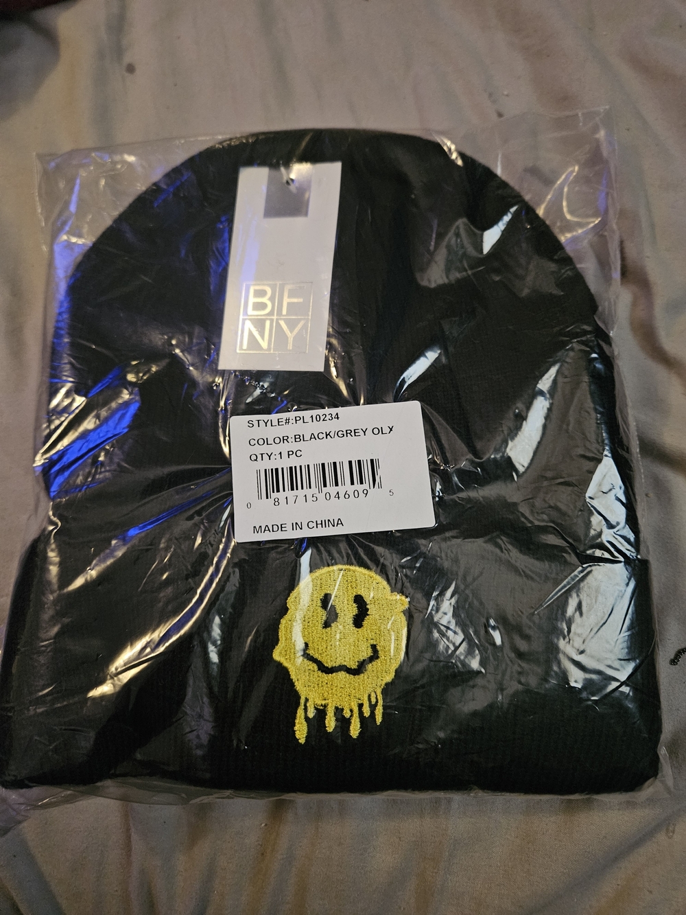 BFNY Black Beanie with Yellow Drip Smile Patch